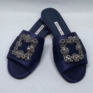 Manolo Blahnik Navy Satin Jewel Buckled Flat Sandals size 37